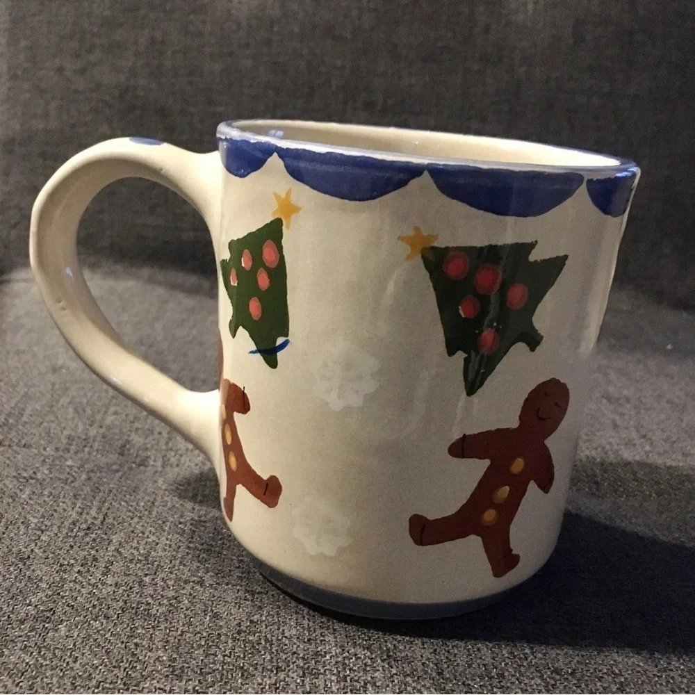 Handcrafted Gingerbread Man Holiday Coffee Mug, Cream, Brown, Blue, Green, 12 oz
